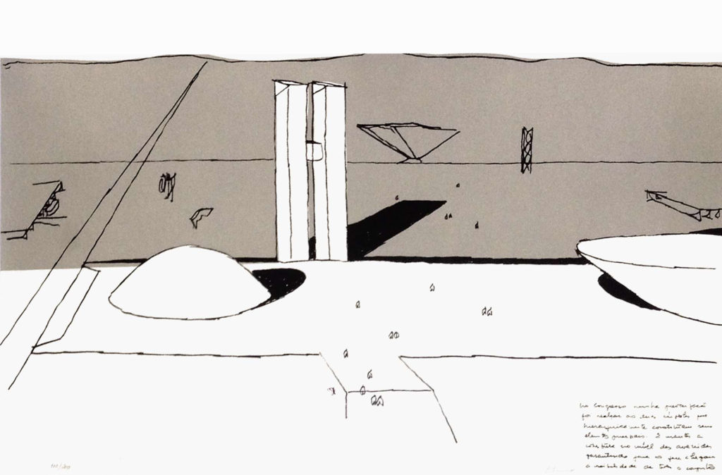 “Congresso Nacional”, Oscar Niemeyer. Serigrafia, 31/200, 49 x 69 cm. Álbum: Oscar Niemeyer e Lúcio Costa. Brasília para sempre. Rio de Janeiro: Lithos Edições de Arte, 1999.