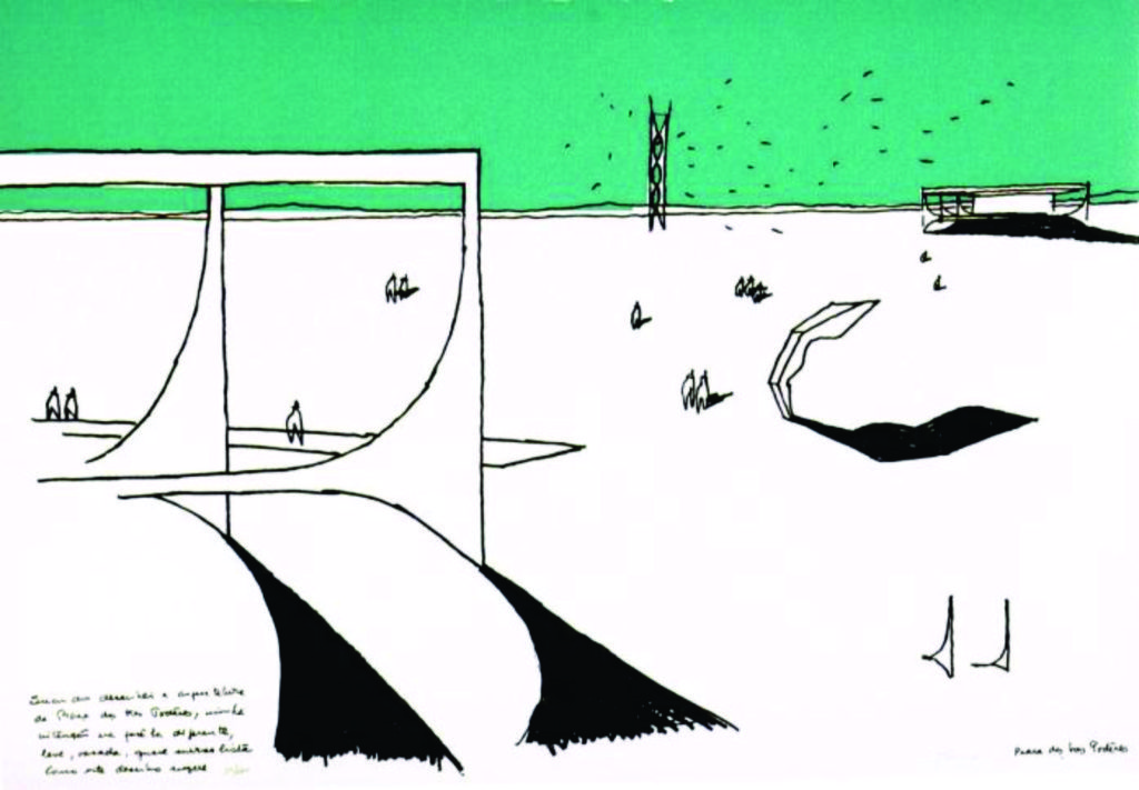 “Praça dos Três Poderes”, Oscar Niemeyer. Serigrafia, 31/200, 49 x 69,5 cm. Álbum: Oscar Niemeyer e Lúcio Costa. Brasília para sempre. Rio de Janeiro: Lithos Edições de Arte, 1999.