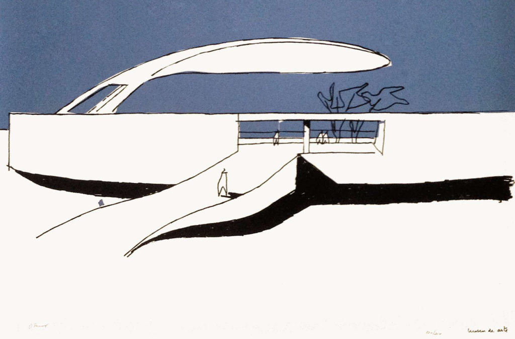 “Memorial dos Povos Indígenas”, Oscar Niemeyer. Serigrafia, 49 x 69 cm. Álbum: Oscar Niemeyer e Lúcio Costa. Brasília para sempre. Rio de Janeiro: Lithos Edições de Arte, 1999.